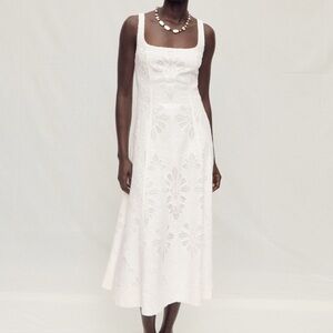 Mango SELECTION White Eyelet Square-Neck Midi Dress
